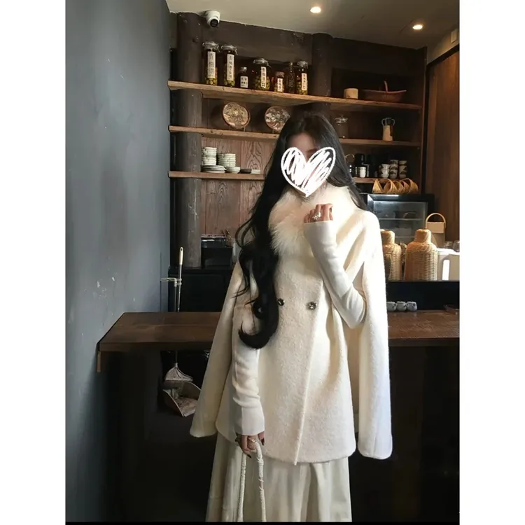 留洋大小姐】秋冬气质高级感披斗篷毛领+修身长袖裙子三件套
