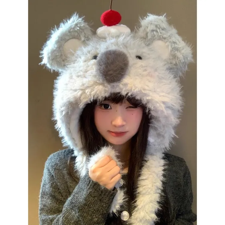 可爱考拉毛绒帽子围巾一体冬季保暖加绒加厚防寒护耳雷锋帽围脖qt