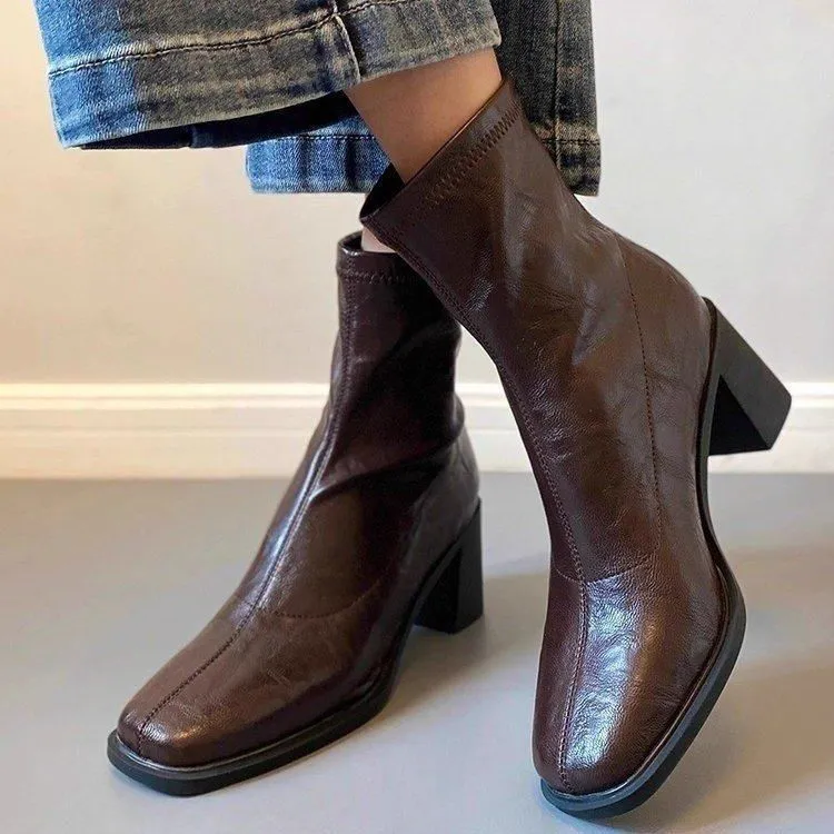 软皮版 ~短靴通勤高跟弹力瘦瘦靴2025秋冬款软底复古粗跟