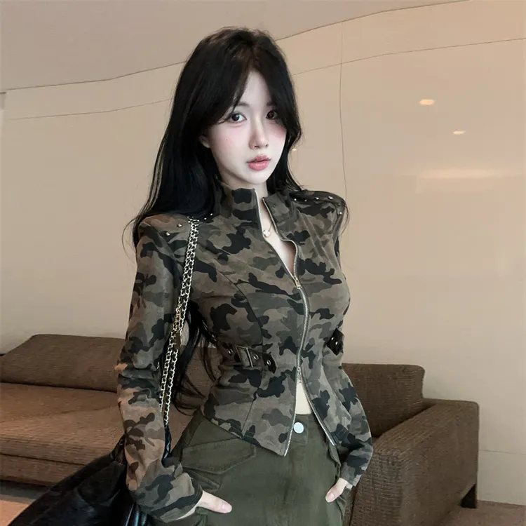 纯欲辣妹风迷彩双拉链开衫短外套工装衣秋冬季洋气修身打底衫上衣