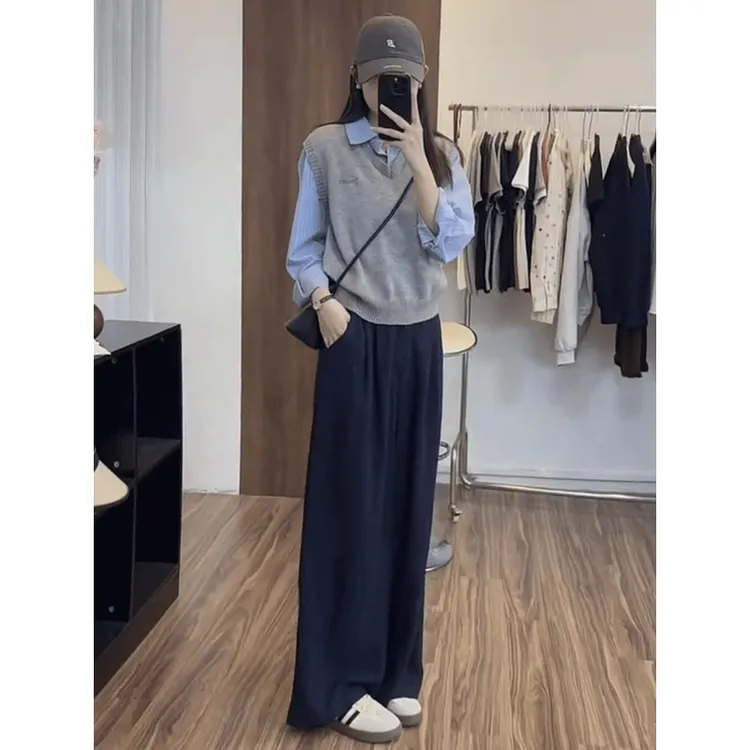 假两件条纹拼接针织长袖衬衫女秋季新款休闲百搭学院风叠穿上衣潮