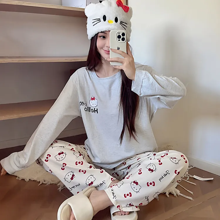 秋季长袖纯棉睡衣女夏薄款少女初中高中学生hellokitty卡通家居服