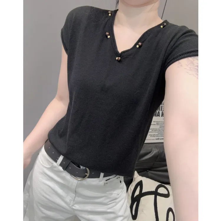 夏欧货V领冰丝针织衫短袖女休闲气质百搭时尚钉珠小飞袖宽松上衣