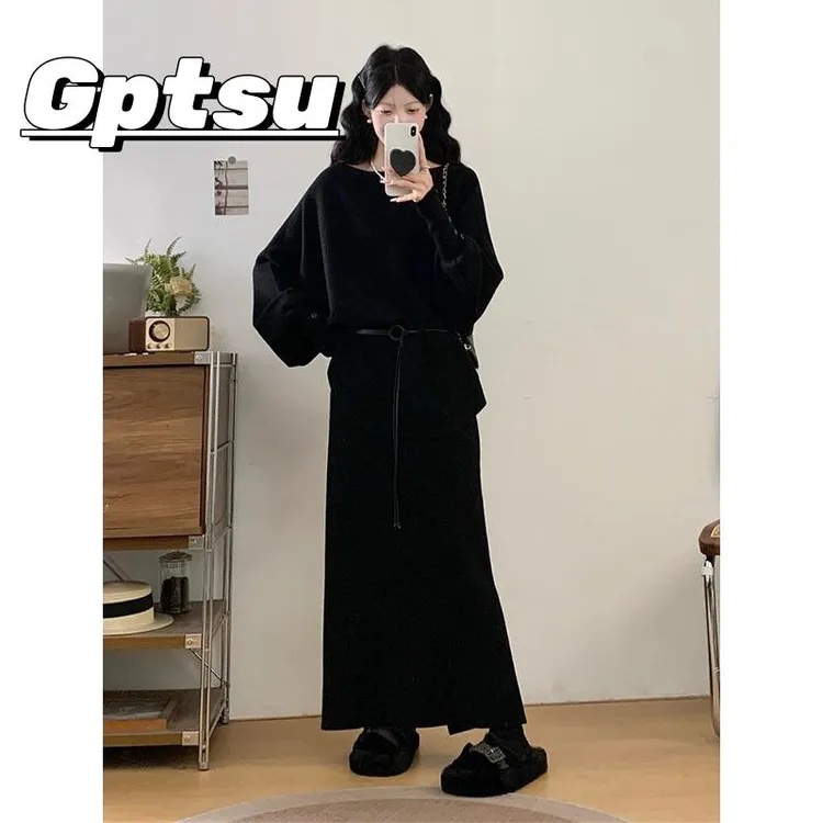 GPTSu大码毛衣套装裙女秋季慵懒风针织套头上衣半身裙时尚两件套
