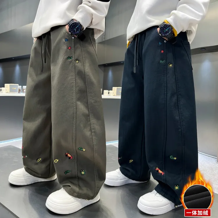男童秋冬款裤子加绒加厚2025新款一体绒中大童冬装休闲儿童直筒裤