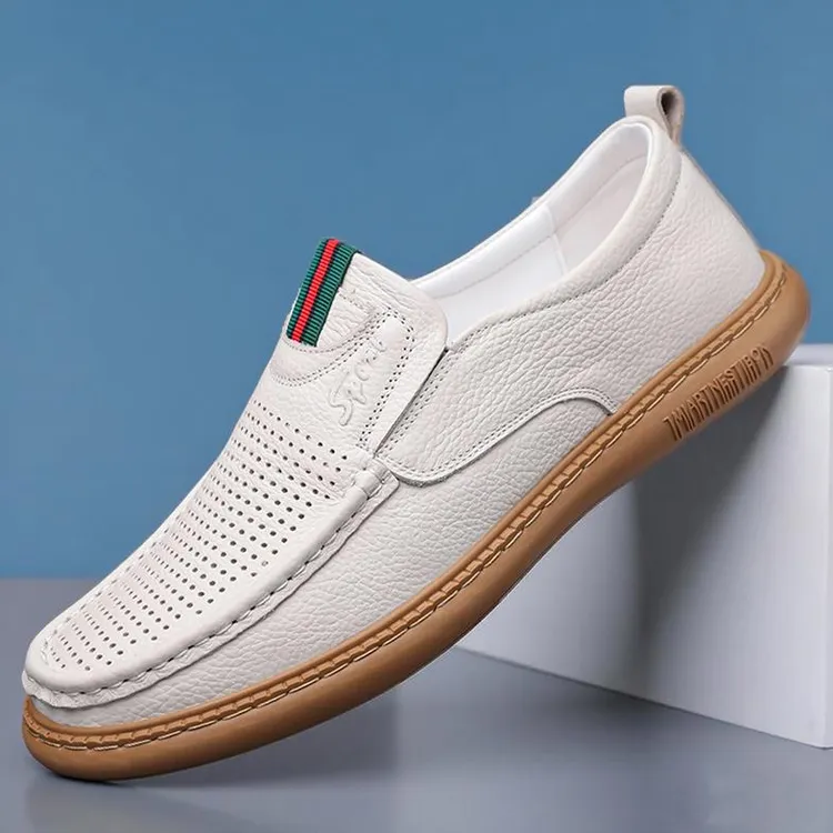 无鞋带男鞋子夏季透气一脚蹬懒人白色豆豆鞋男真皮镂空打孔凉皮鞋