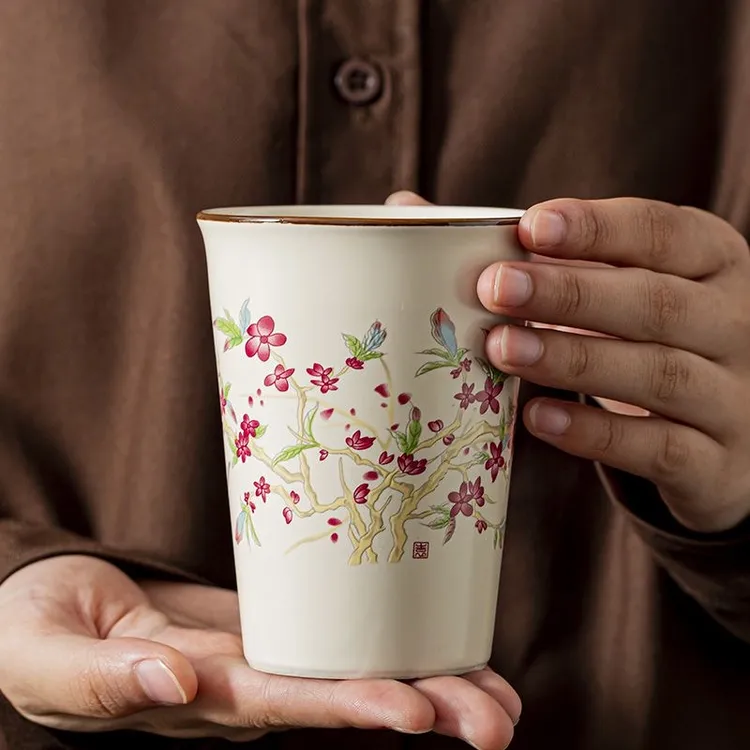 米黄汝窑小号大号白瓷可乐杯开片可养家用陶瓷主人杯茶具茶杯手绘