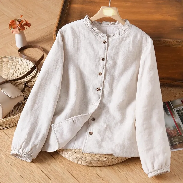 2025秋冬棉麻夹棉外套棉服加厚文艺范木耳边领
