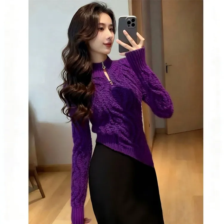 2025冬季新款爆款洋气女装巨好看法式气质别致紫色不规则毛衣上衣