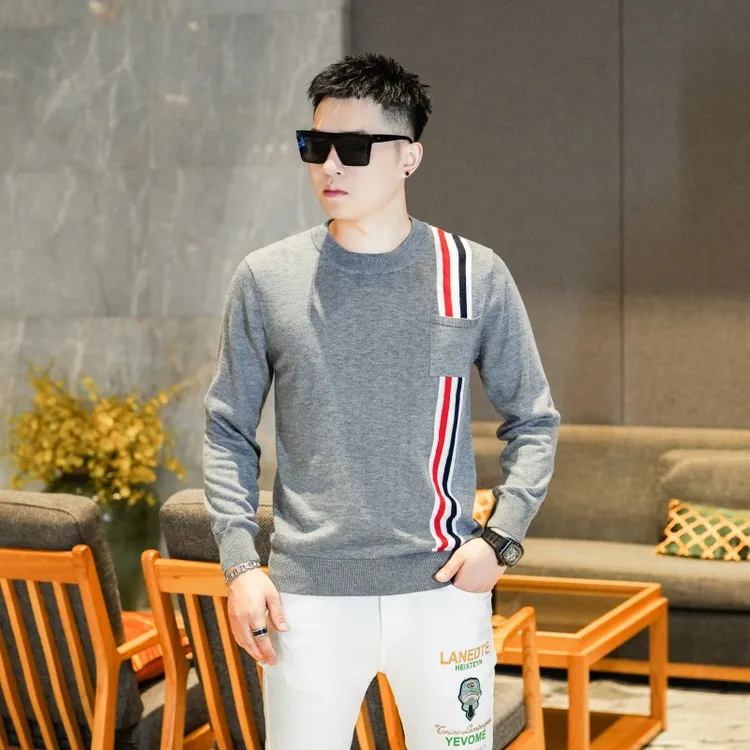 男士羊毛衫秋冬打底休闲毛衣条纹圆领时尚长袖免烫针织衫针织套头