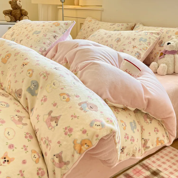 冬季加厚保暖珊瑚绒被套床单牛奶绒四件套卡通学生成人床上用品