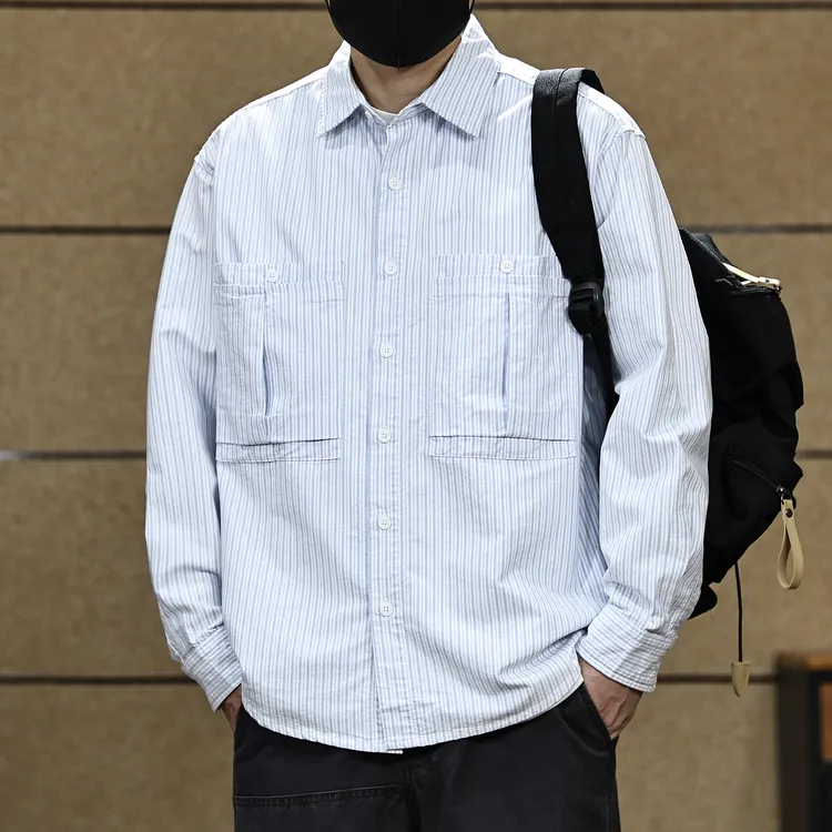 美式复古条纹衬衫男士2025秋季新款潮牌痞帅高级感休闲长袖衬衣男