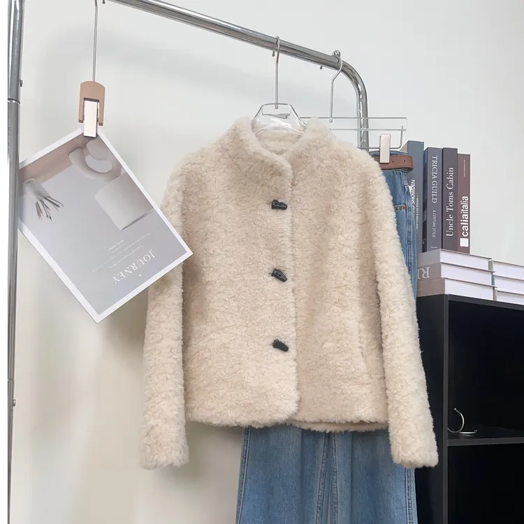 Y17绵羊毛100%羊剪绒外套立领颗粒绒短款上衣2025冬季款