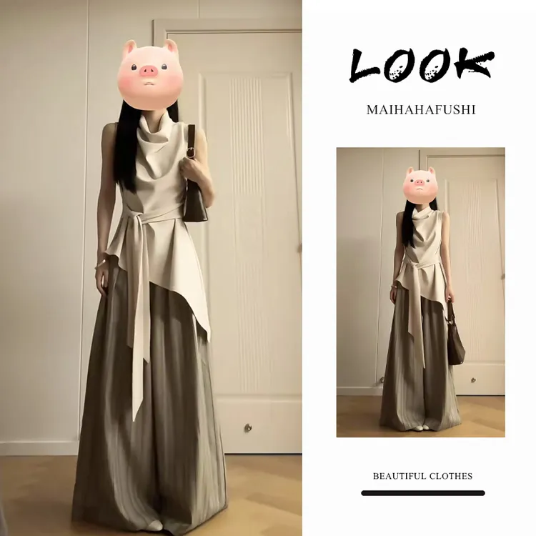 夏季时尚一整套女装2025新款爆款法式不规则无袖上衣阔腿裤两件套