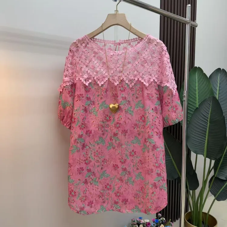 胖mm时尚气质显瘦减龄百搭法式轻奢25146夏季宽松圆领镂空半袖