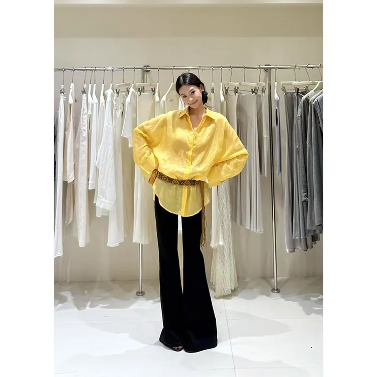 慵懒风穿搭宽松长袖衬衣女2025春季新款高腰直筒休闲微喇长裤套装