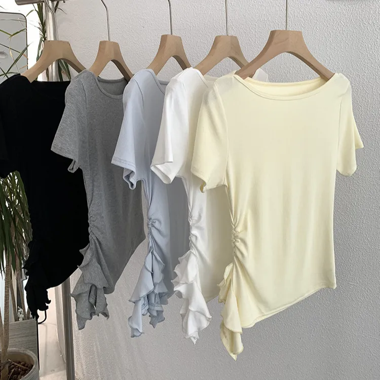 欧玛莱不规则荷叶边一字肩短袖纯色显瘦套头恤夏季百搭上衣