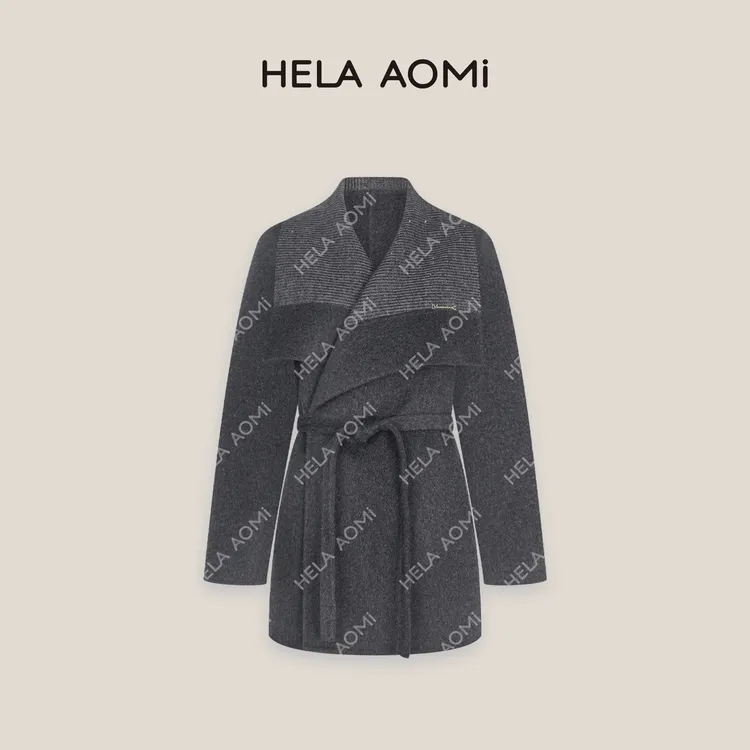 HELA AOMI“贵妇大衣”绵羊毛62.3%莱赛尔山羊绒线条感系带毛呢大衣