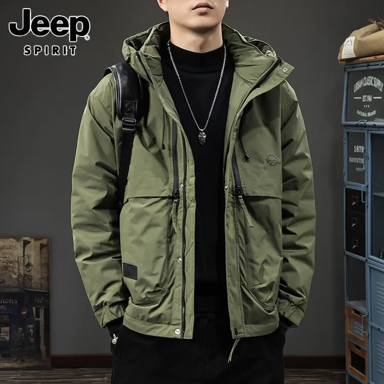 Jeep吉普冬季新款90鸭绒连帽羽绒服男保暖宽松休闲外套工装夹克潮