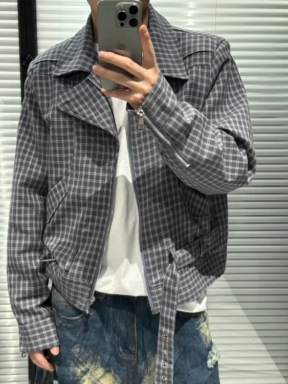 尚锋男装8612秋季新品拉链格子复古飘带收腰潮流短款休闲百搭夹克