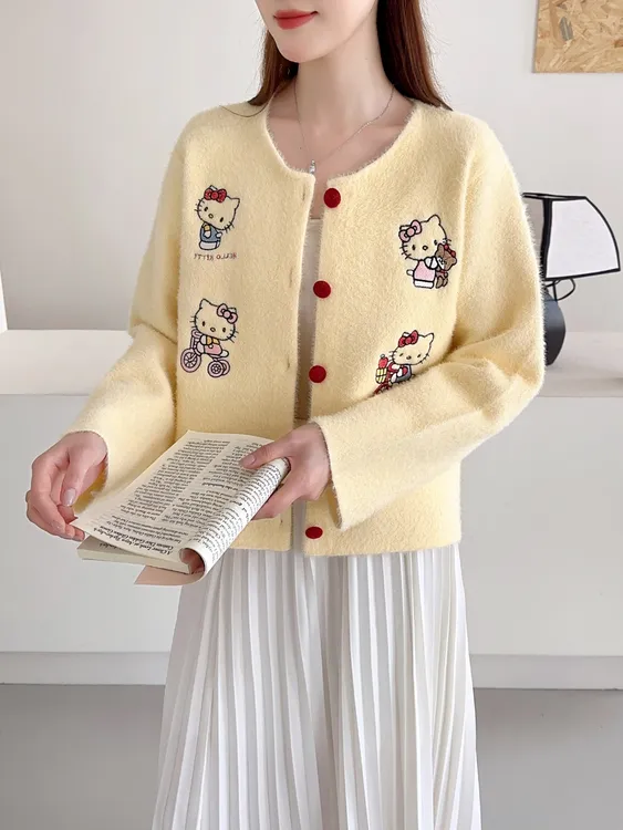 2512-仿水貂绒毛衣开衫女秋冬韩系甜美Kitty猫刺绣针织衫上衣外套