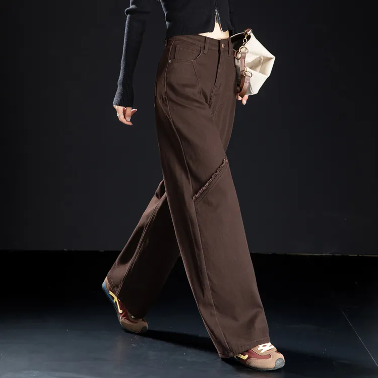咖啡色加绒牛仔裤女2025新款加厚秋冬季裤子阔腿弯刀裤窄版直筒裤