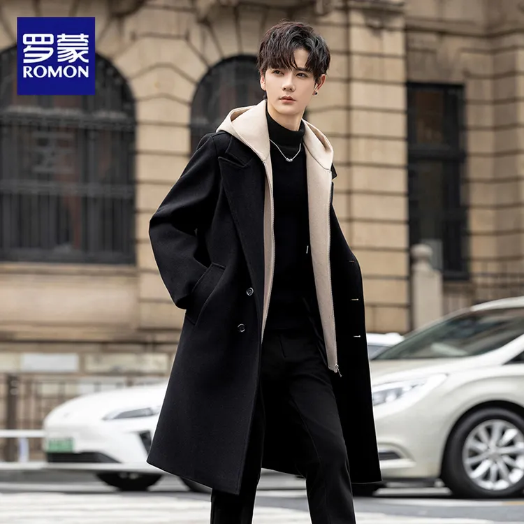 罗蒙秋冬季中长款男士厚款落肩袖假两件毛呢大衣连帽韩版帅气外套