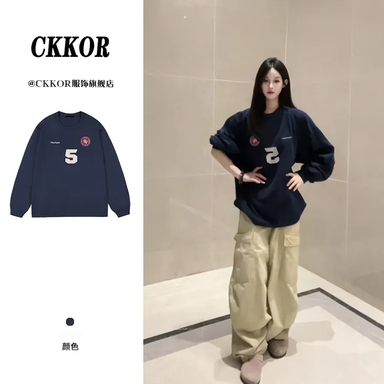 CKKOR美式复古oversize长袖t恤男春秋新款炸街风时尚潮流情侣卫衣