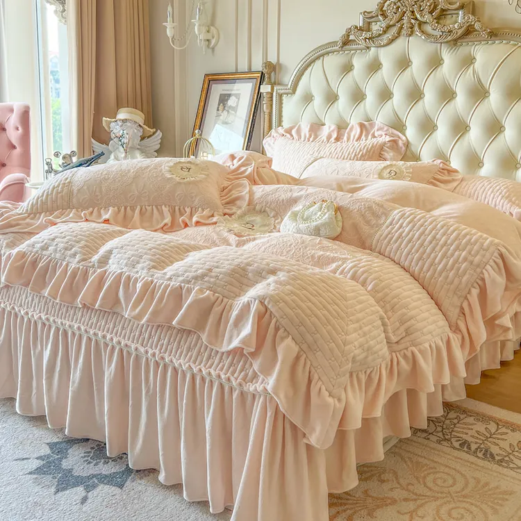 冬季加厚牛奶绒四件套床盖款法式纯色加绒被套夹棉公主风保暖床品
