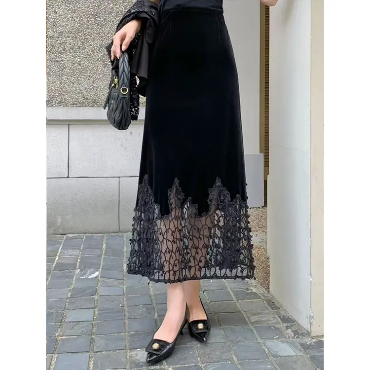 2270#金丝绒半身裙女2025新款秋季中长款高腰包臀显瘦花边蕾丝裙