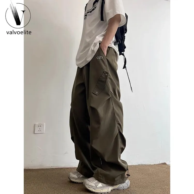 春秋新款大码美式工装伞兵弯刀裤男2025阔腿宽松复古直筒休闲裤子