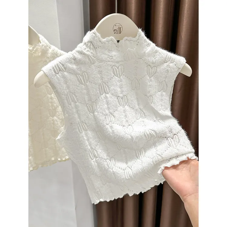 半高领蕾丝磨毛假领子女内搭配毛衣短款无袖背心木耳边打底衫秋冬