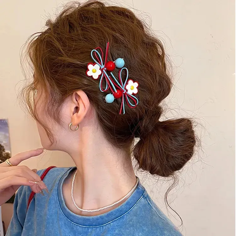 甜美红蓝花朵侧边发夹女蝴蝶结边夹前额刘海夹一字发卡鸭嘴夹发饰商品图