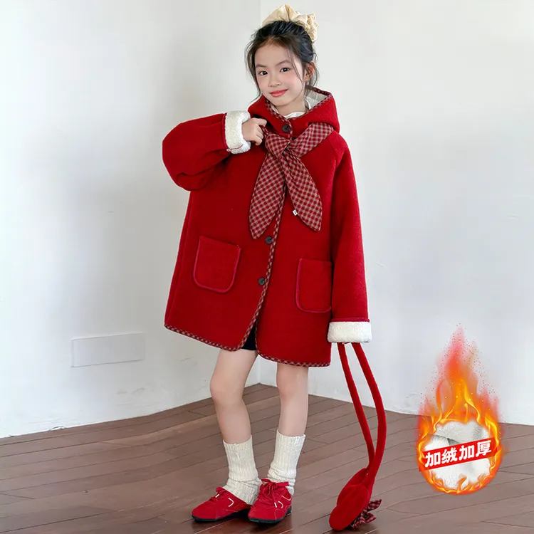 热销爆款女童拜年服外套2025新款洋气加绒加厚呢子大衣儿童冬装保