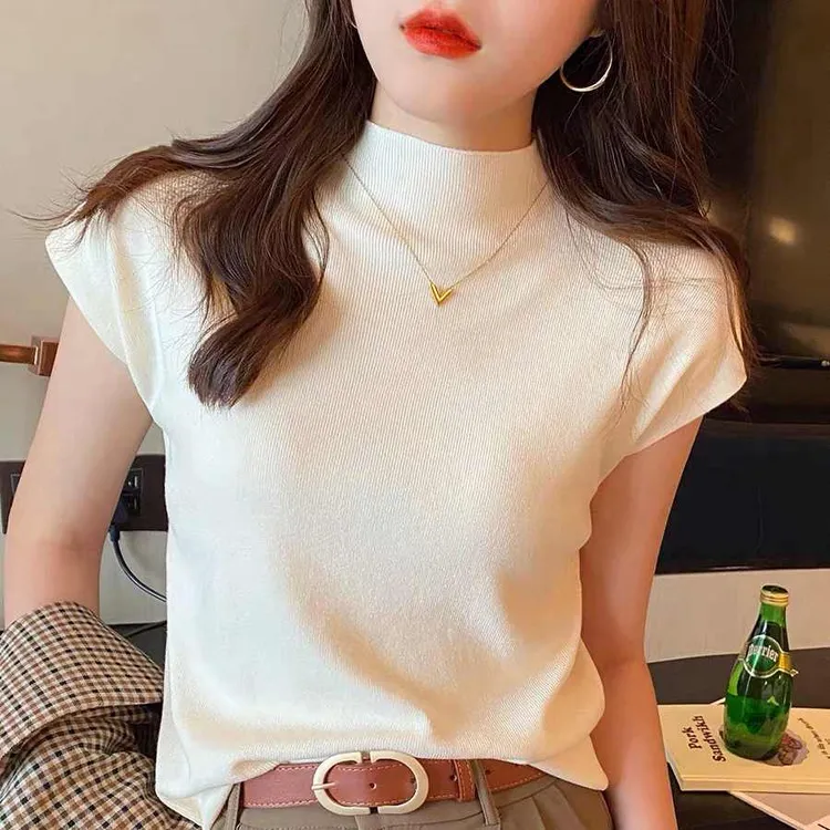 半高领打底衫女内搭新款短袖针织衫修身春秋薄款背心短款上衣