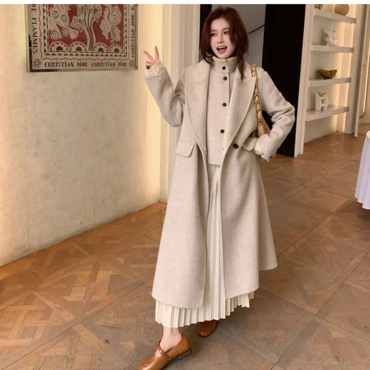 灰色双面毛呢大衣马甲两件套装中长款气质百搭显瘦2025秋冬新款