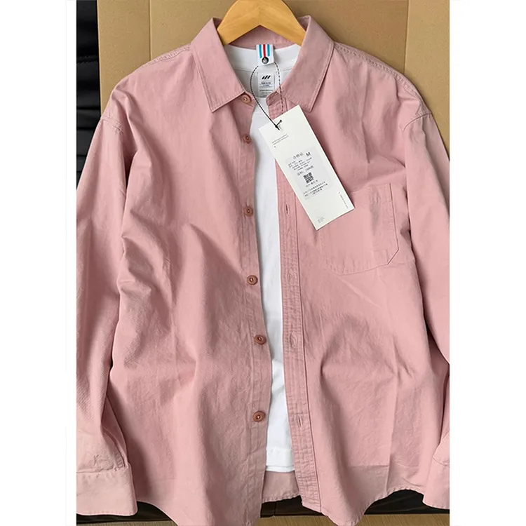 粉色长袖衬衫男高级感重磅纯棉衬衣小众设计夏季薄款情侣防晒外套
