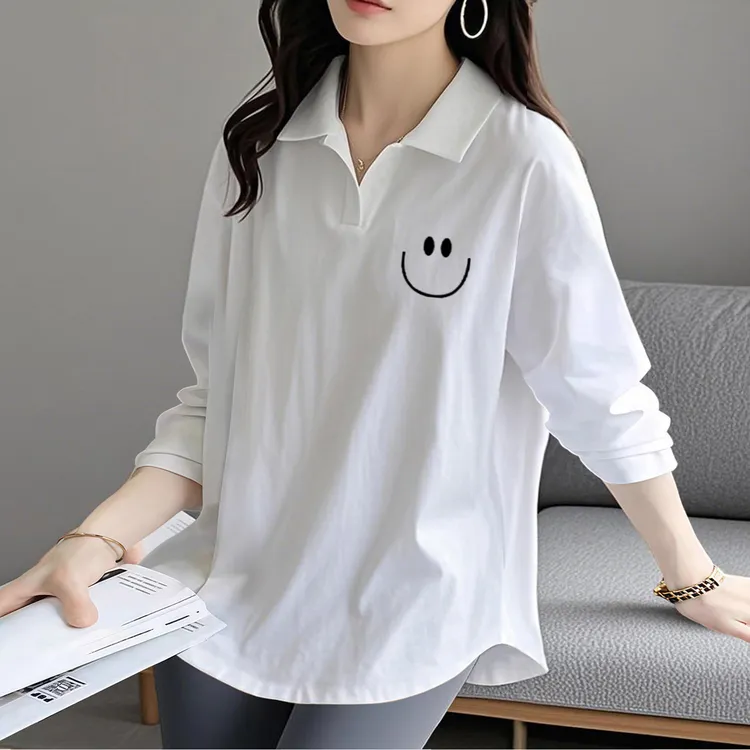 白色POLO衫女长袖T恤春秋款休闲大码宽松显瘦洋气减龄内搭打底衫