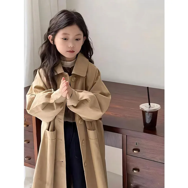 FAVMARTHA女孩风衣中长2025新儿童的时尚和潮流的英伦风格的服装