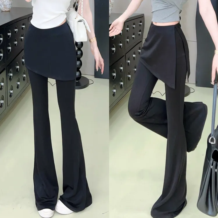 《实穿高频率》设计感屁帘拼接假两件微喇裤女百搭休闲喇叭裤子8573