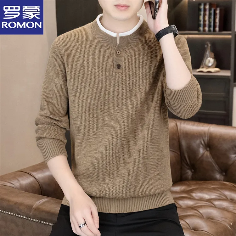 罗蒙2025秋冬爆款假两件圆领针织衫潮流男士学院风简约保暖毛衣潮