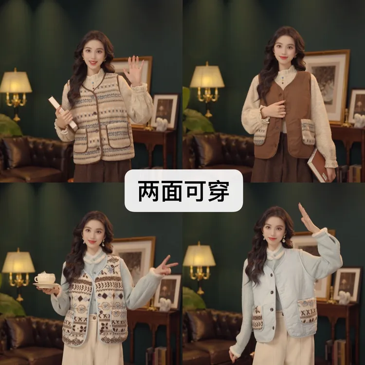 琦琦【燕麦奶泡】复古休闲显瘦正反两穿费尔岛背心马甲YQ5269209