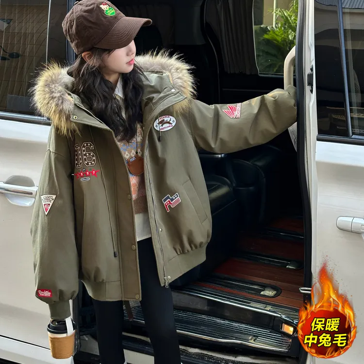 女童加厚大毛领派克服外套2026冬季新款大童百搭连帽美式复古棉服