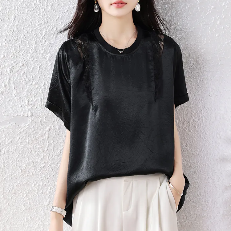 蕾丝拼接醋酸短袖t恤女2025夏季新款高级感休闲百搭显瘦小衫上衣