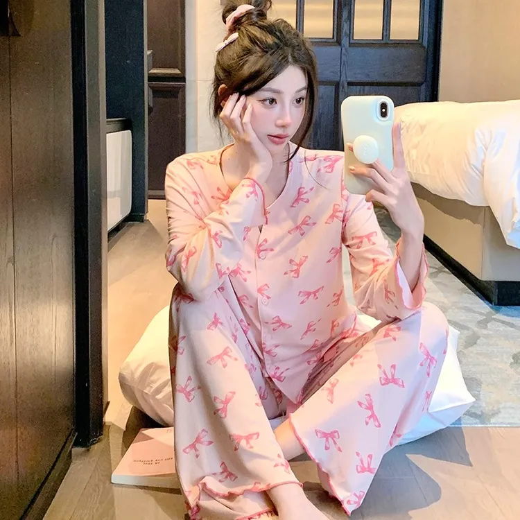 2025新款睡衣女甜美春秋季莫代尔蝴蝶结长袖圆领可外穿家居服套装