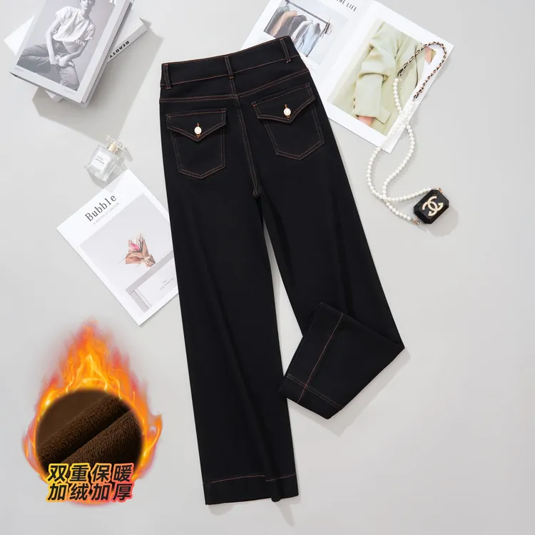 E高腰女冬季显瘦直筒牛仔裤黑色加厚直筒裤保暖