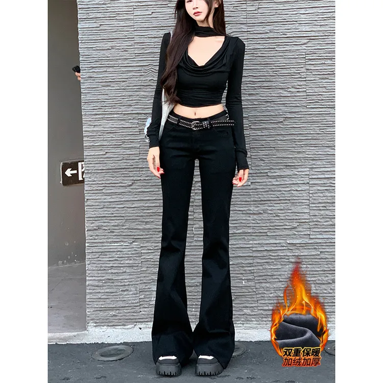 黑色低腰辣妹加绒微喇牛仔裤女2025年商季新款修身百搭显瘦马蹄裤