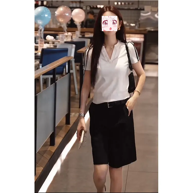 2025夏季个性三条杠v领短袖t恤高腰直筒短裤子显瘦减龄两件套装女