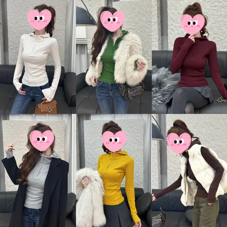 2025秋冬新款韩版叠穿神器半拉链连帽长袖上衣德绒磨毛加厚打底衫