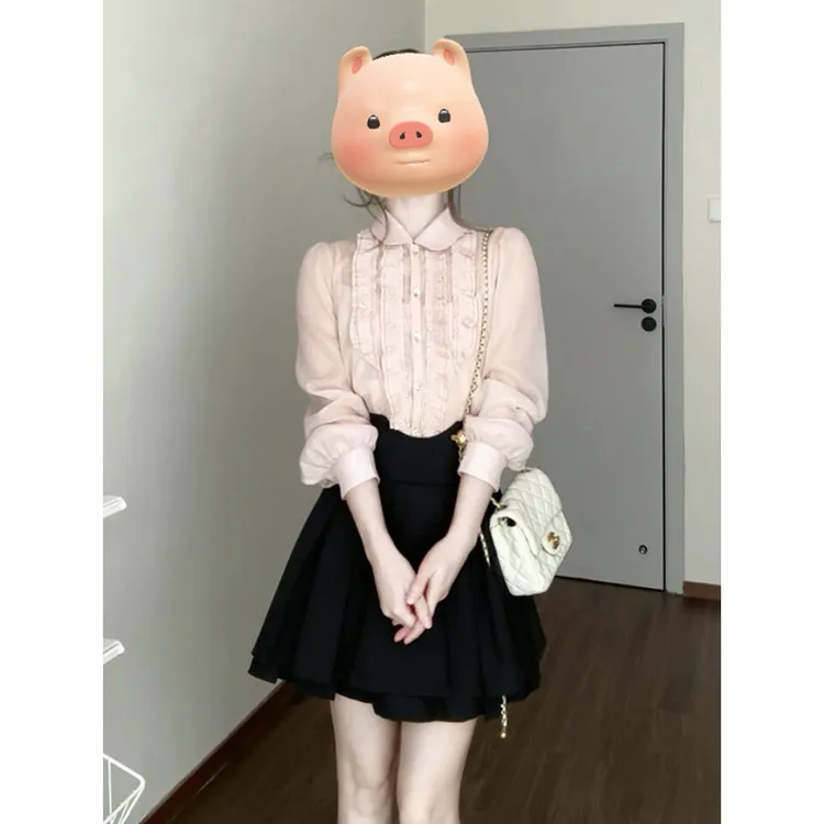 2025新款miu系千金风粉色衬衫女早春季法式独特衬衣高级长袖上衣